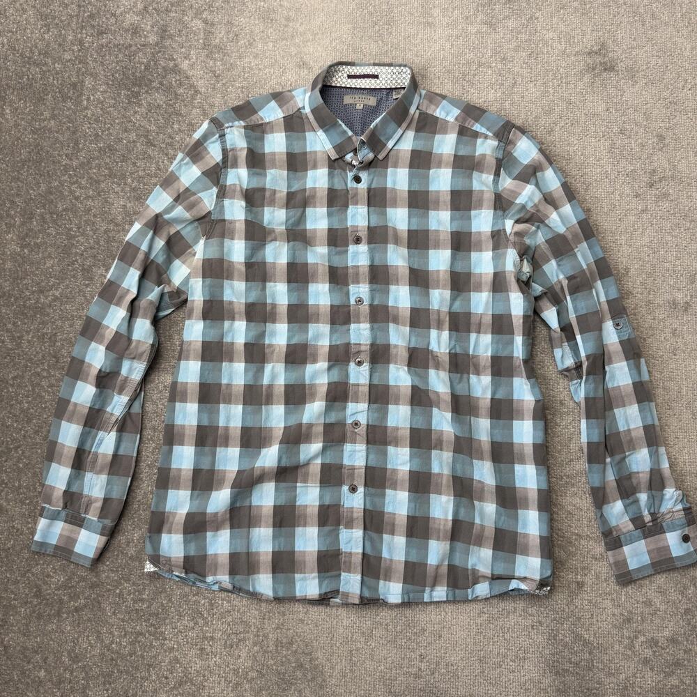Ted Baker Shirt Mens Large Blue Gray Gingham Long Sleeve Button Front Weybiza